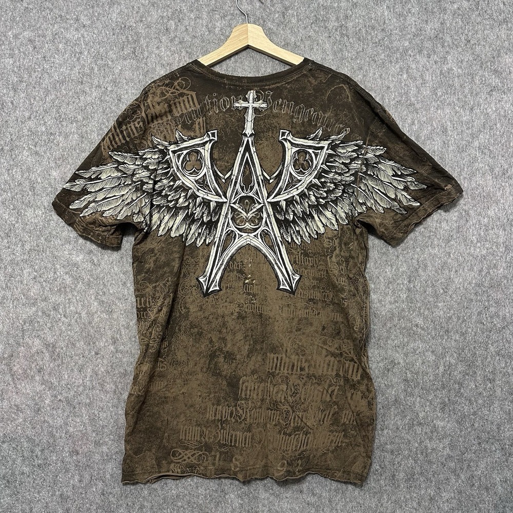 Affliction Y2K Cathedral Series Brown Gothic Shirt Men's Sz 2XL Distressed Wings - Picture 1 of 7